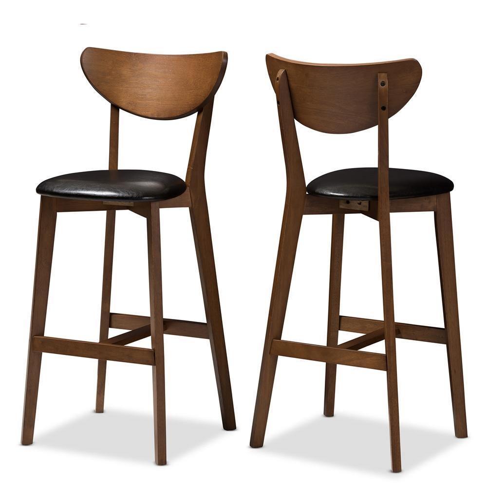 Eline Mid-Century Modern Black Faux Leather Upholstered Walnut Finished Bar Stool (Set of 2) FredCo