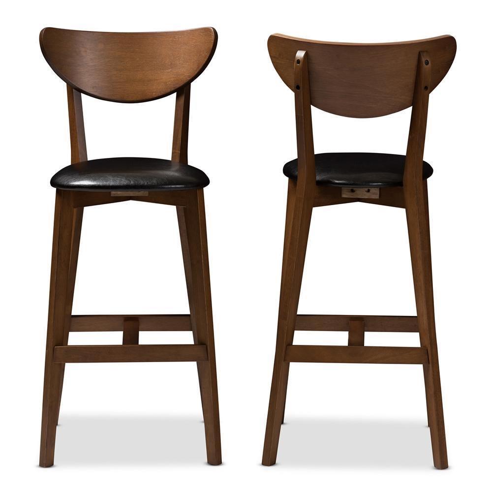 Eline Mid-Century Modern Black Faux Leather Upholstered Walnut Finished Bar Stool (Set of 2) FredCo