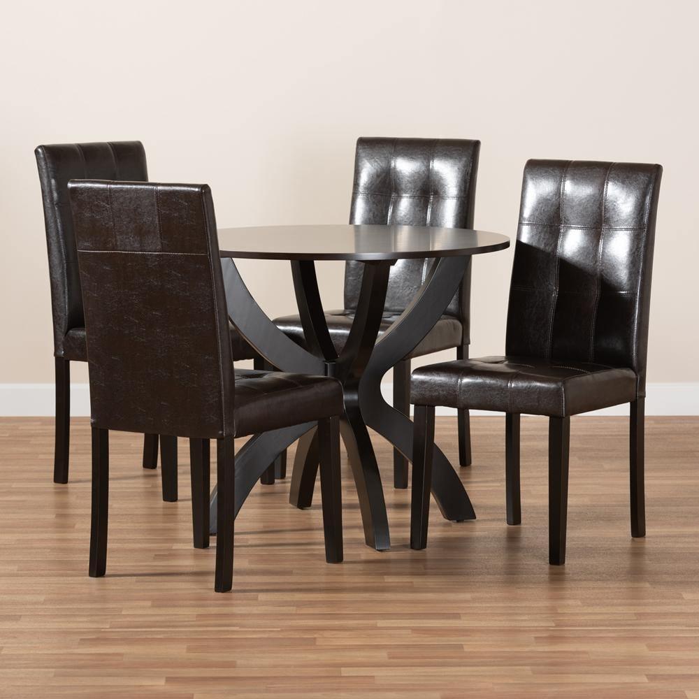 Elira Modern and Contemporary Dark Brown Faux Leather Upholstered and Dark Brown Finished Wood 5-Piece Dining Set FredCo