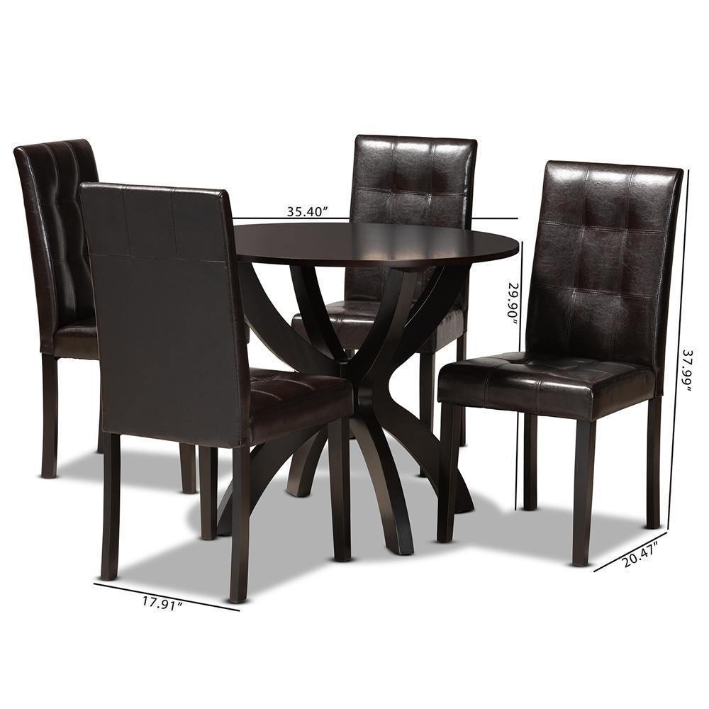 Elira Modern and Contemporary Dark Brown Faux Leather Upholstered and Dark Brown Finished Wood 5-Piece Dining Set FredCo