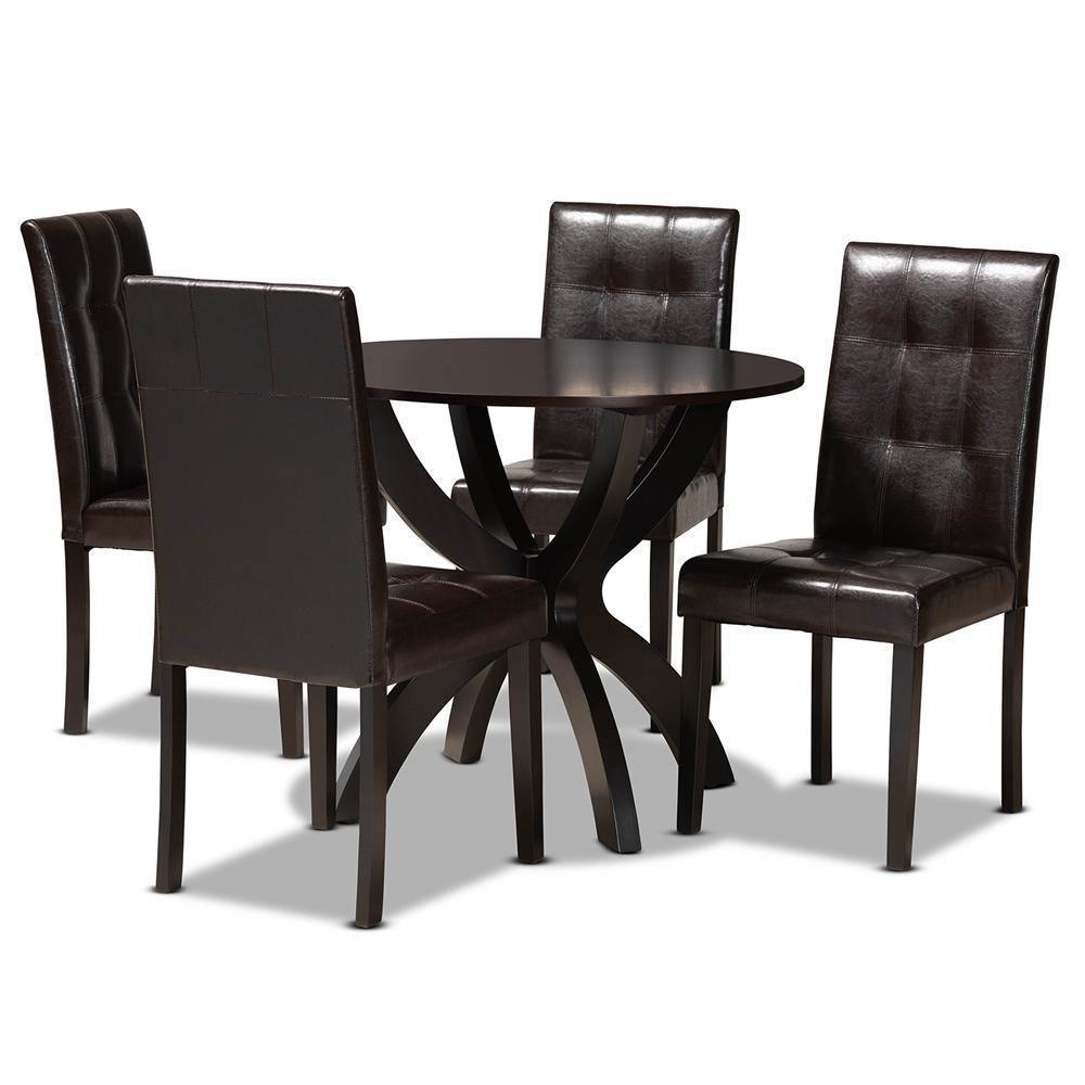 Elira Modern and Contemporary Dark Brown Faux Leather Upholstered and Dark Brown Finished Wood 5-Piece Dining Set FredCo