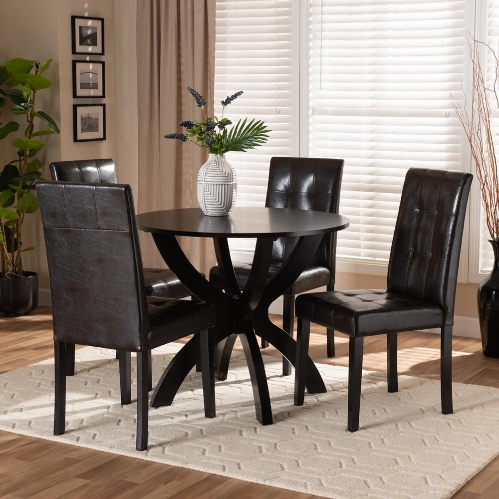 Elira Modern and Contemporary Dark Brown Faux Leather Upholstered and Dark Brown Finished Wood 5-Piece Dining Set FredCo