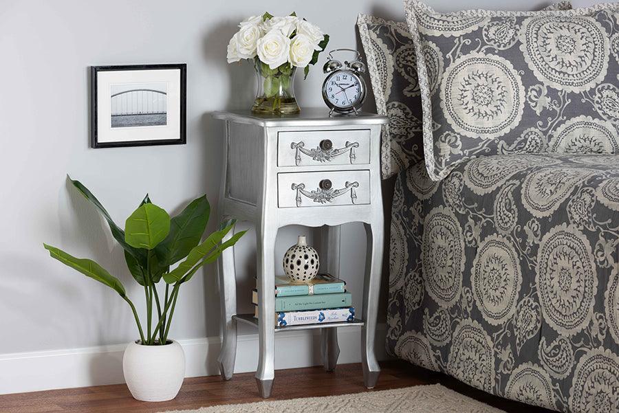 Eliya Classic and Traditional Brushed Silver Finished Wood 2-Drawer Nightstand FredCo