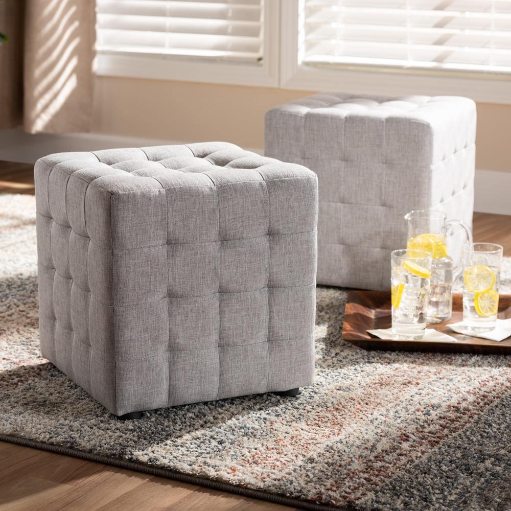 Elladio Modern and Contemporary Greyish Beige Fabric Upholstered Tufted Cube Ottoman (Set of 2) FredCo
