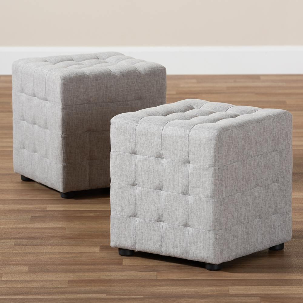 Elladio Modern and Contemporary Greyish Beige Fabric Upholstered Tufted Cube Ottoman (Set of 2) FredCo