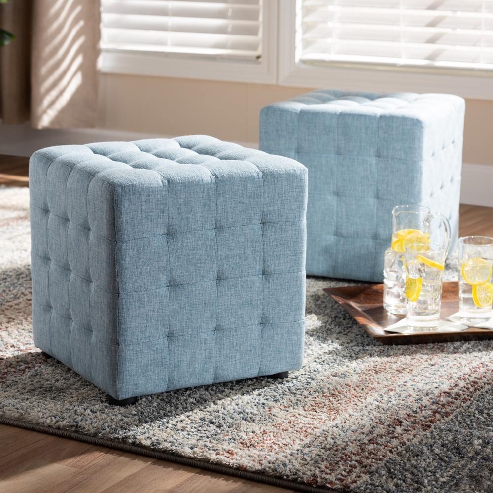 Elladio Modern and Contemporary Light Blue Fabric Upholstered Tufted Cube Ottoman (Set of 2) FredCo