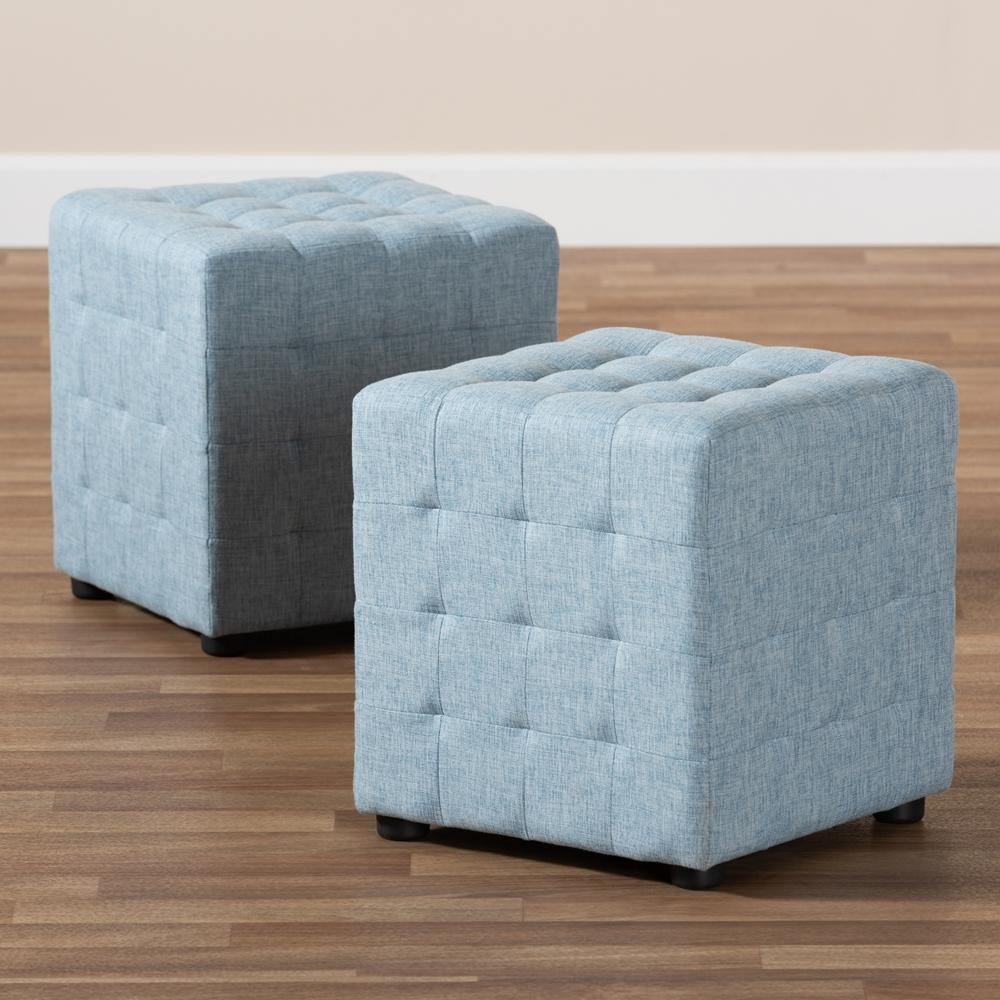 Elladio Modern and Contemporary Light Blue Fabric Upholstered Tufted Cube Ottoman (Set of 2) FredCo
