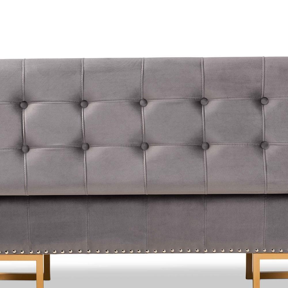 Ellery Luxe and Glam Grey Velvet Fabric Upholstered and Gold Finished Metal Storage Ottoman FredCo