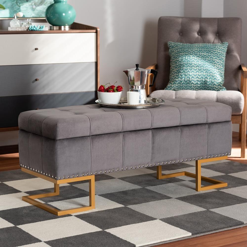 Ellery Luxe and Glam Grey Velvet Fabric Upholstered and Gold Finished Metal Storage Ottoman FredCo