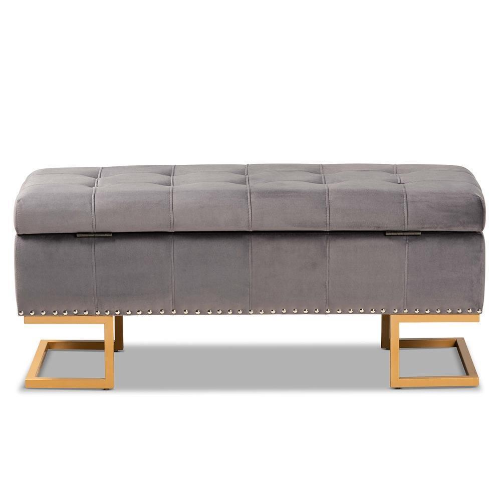 Ellery Luxe and Glam Grey Velvet Fabric Upholstered and Gold Finished Metal Storage Ottoman FredCo