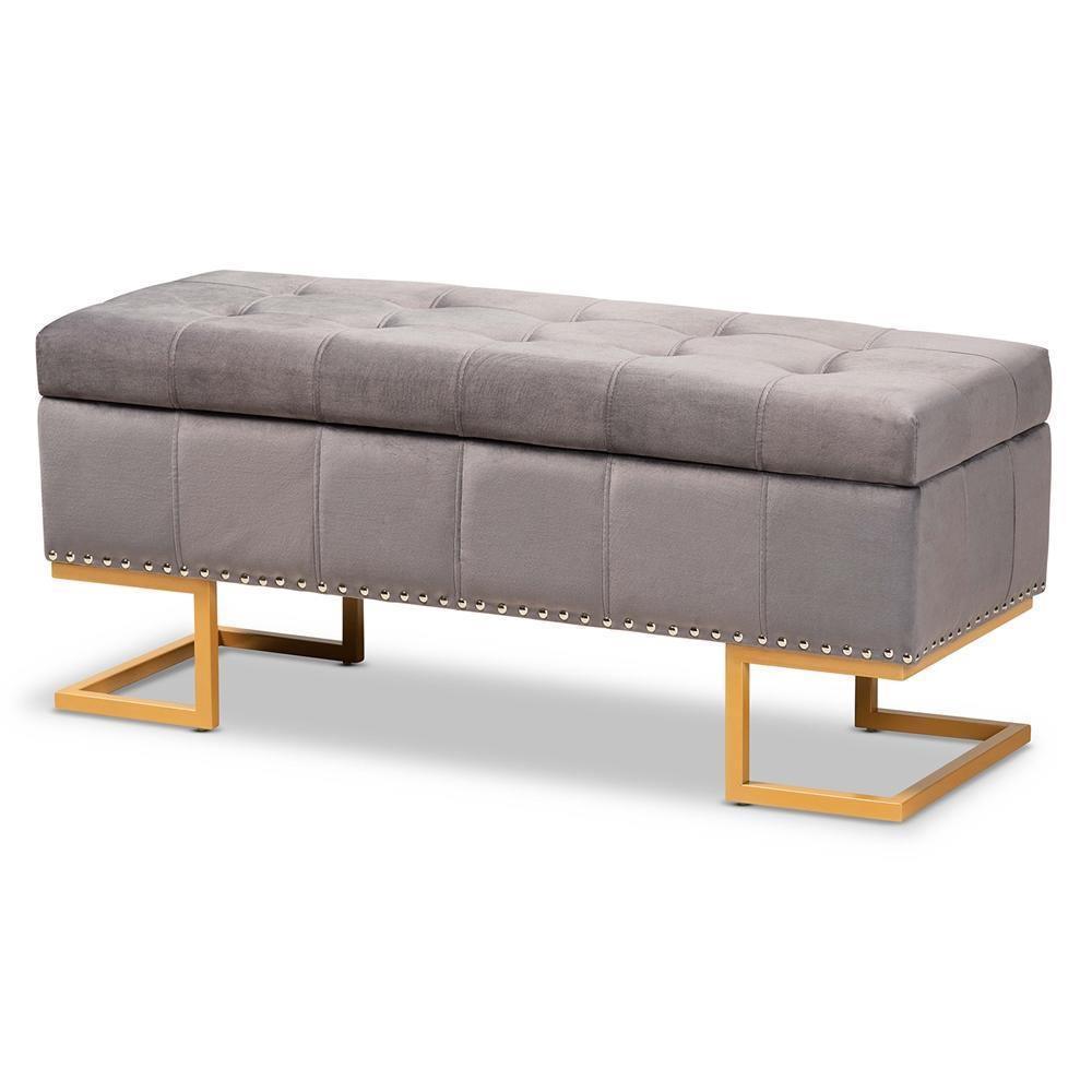 Ellery Luxe and Glam Grey Velvet Fabric Upholstered and Gold Finished Metal Storage Ottoman FredCo