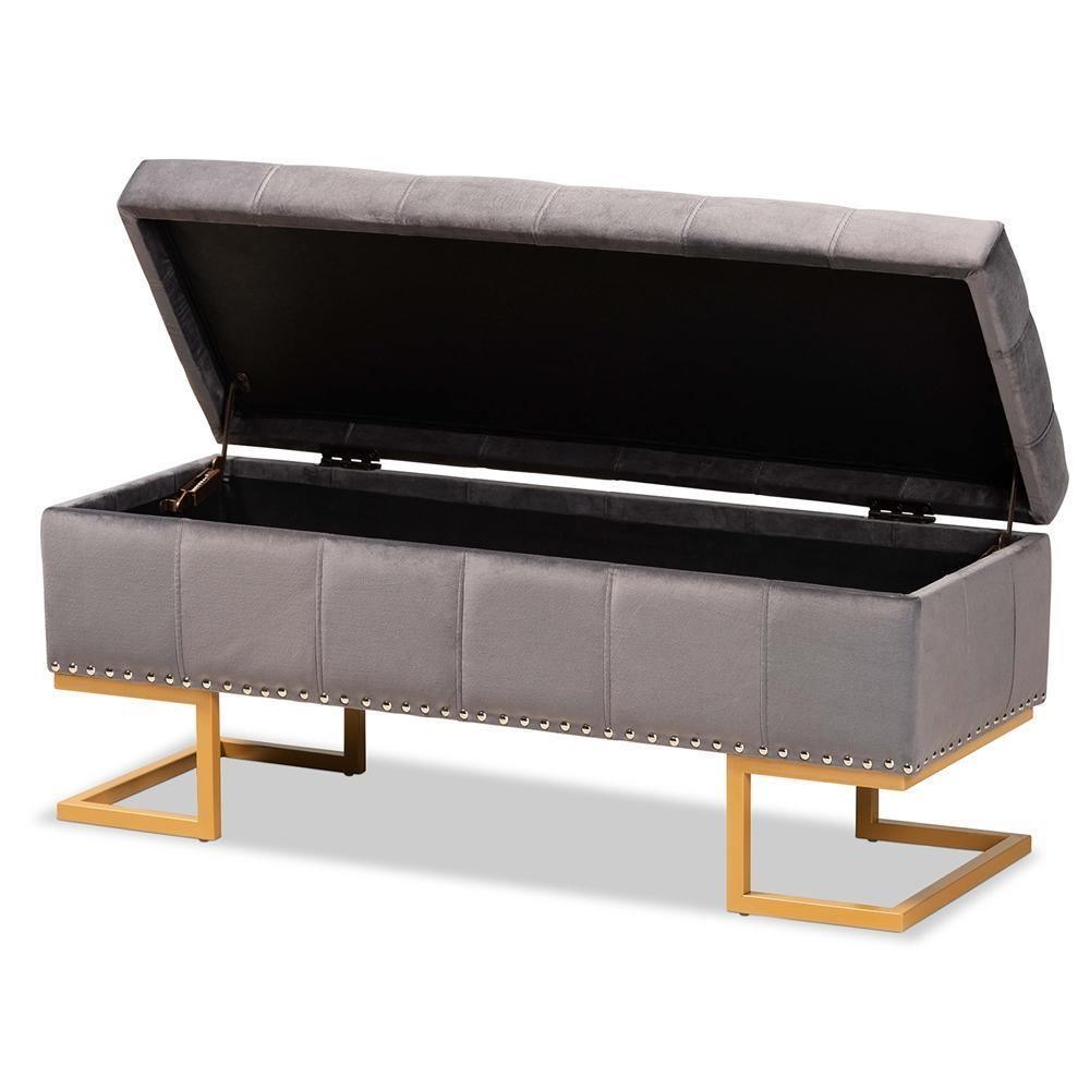 Ellery Luxe and Glam Grey Velvet Fabric Upholstered and Gold Finished Metal Storage Ottoman FredCo