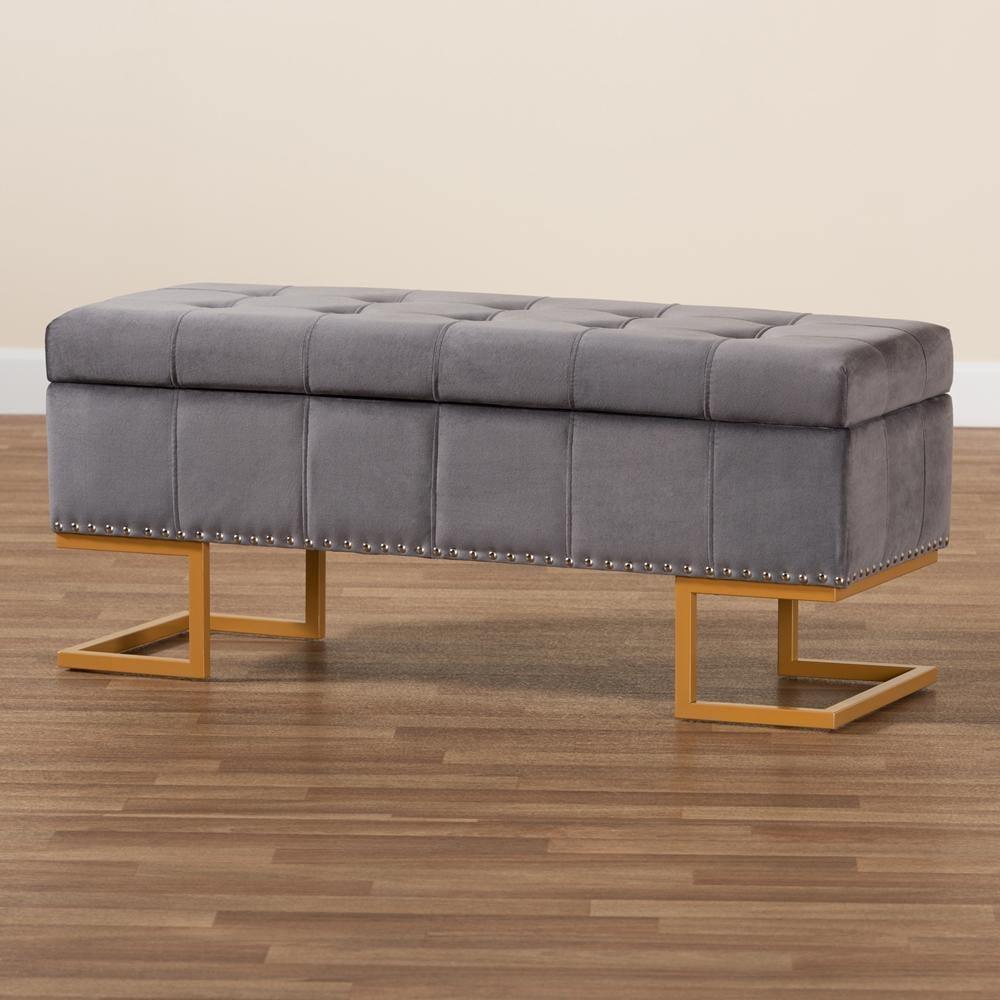 Ellery Luxe and Glam Grey Velvet Fabric Upholstered and Gold Finished Metal Storage Ottoman FredCo
