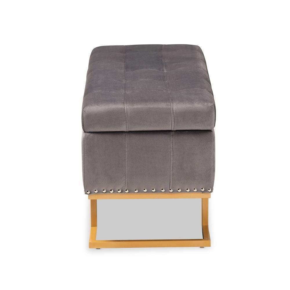 Ellery Luxe and Glam Grey Velvet Fabric Upholstered and Gold Finished Metal Storage Ottoman FredCo