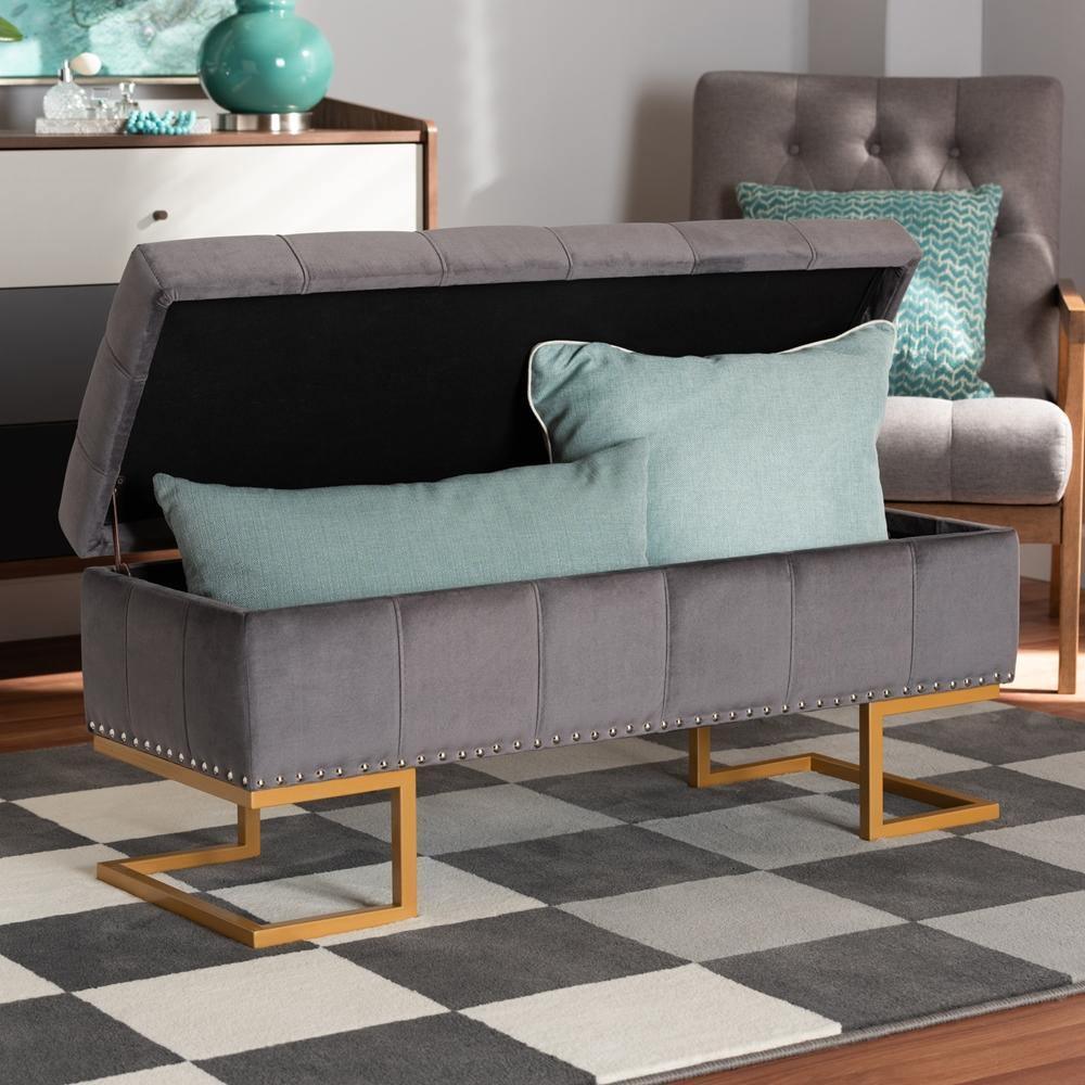 Ellery Luxe and Glam Grey Velvet Fabric Upholstered and Gold Finished Metal Storage Ottoman FredCo