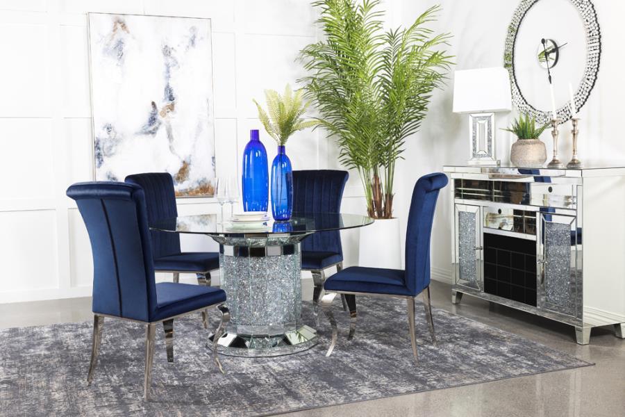 Ellie 5-piece Cylinder Pedestal Dining Room Set Mirror and Ink Blue 115551-S5B Coaster FredCo