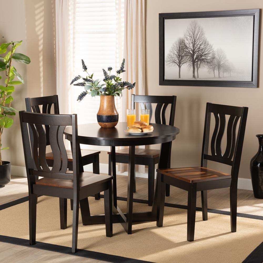 Elodia Modern and Contemporary Transitional Two-Tone Dark Brown and Walnut Brown Finished Wood 5-Piece Dining Set FredCo