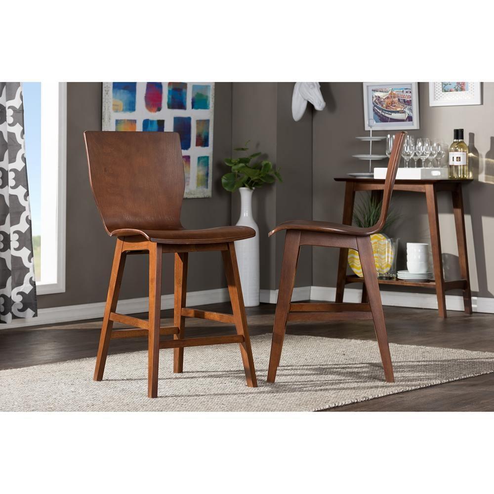 Elsa Mid-century Modern Scandinavian Style Dark Walnut Bent Wood Counter Stool (Set of 2) FredCo