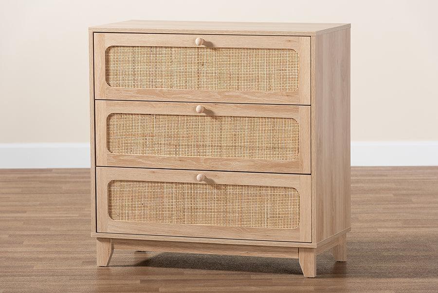 Elsbeth Japandi Oak Brown Finished Wood and Natural Rattan 3-Drawer Storage Cabinet FredCo