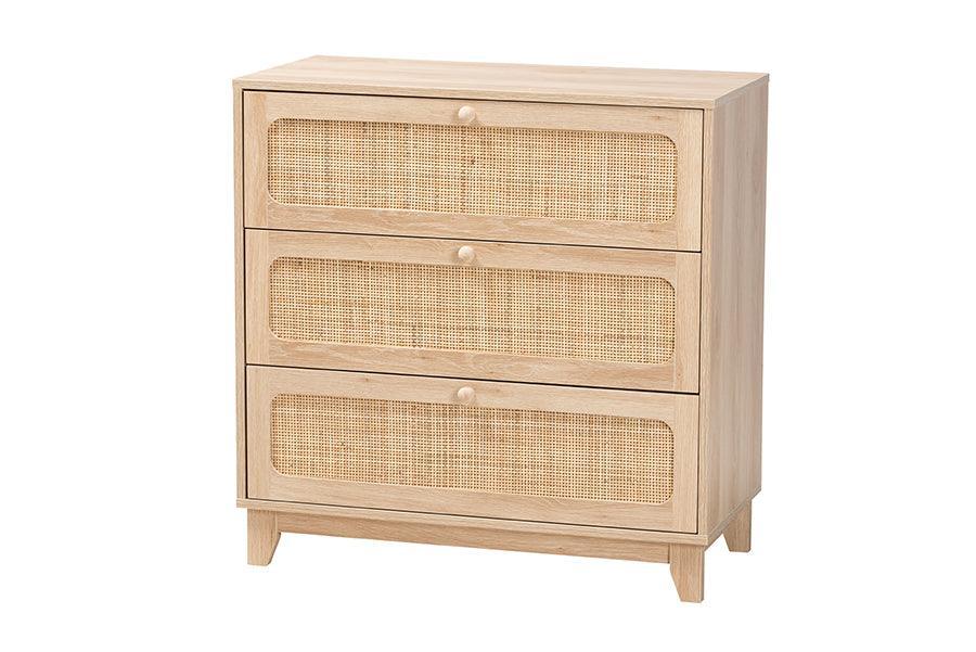 Elsbeth Japandi Oak Brown Finished Wood and Natural Rattan 3-Drawer Storage Cabinet FredCo