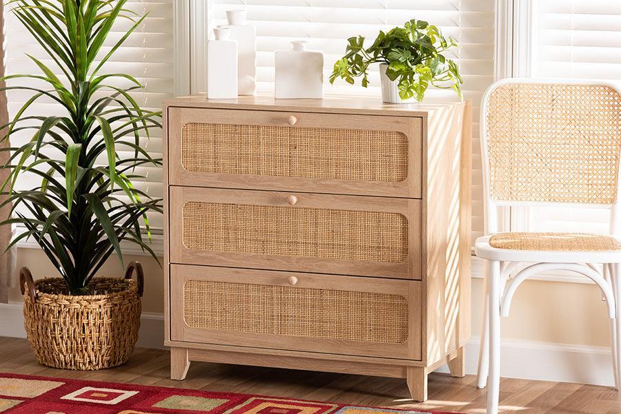 Elsbeth Japandi Oak Brown Finished Wood and Natural Rattan 3-Drawer Storage Cabinet FredCo