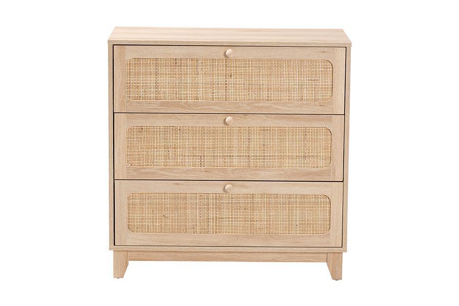 Elsbeth Japandi Oak Brown Finished Wood and Natural Rattan 3-Drawer Storage Cabinet FredCo