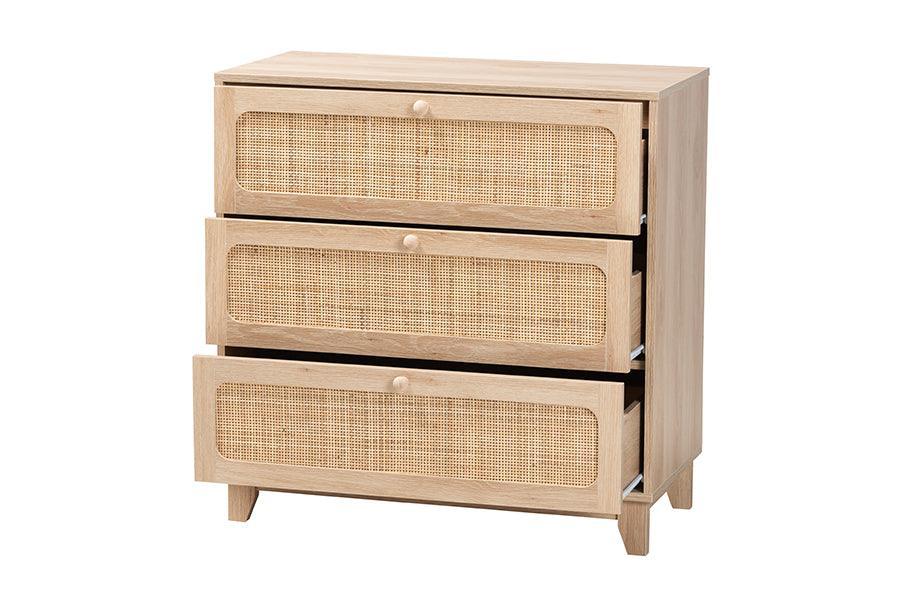 Elsbeth Japandi Oak Brown Finished Wood and Natural Rattan 3-Drawer Storage Cabinet FredCo