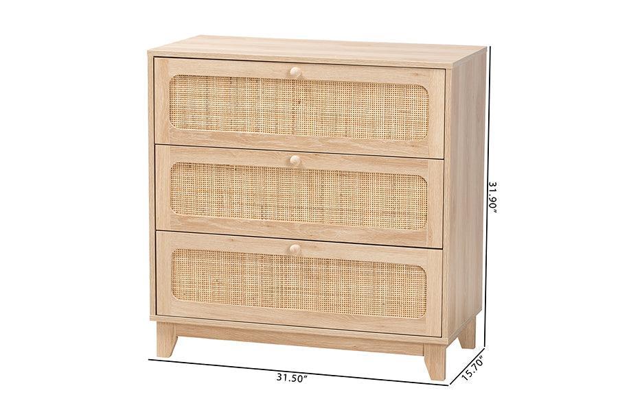 Elsbeth Japandi Oak Brown Finished Wood and Natural Rattan 3-Drawer Storage Cabinet FredCo