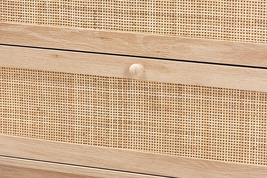 Elsbeth Japandi Oak Brown Finished Wood and Natural Rattan 3-Drawer Storage Cabinet FredCo