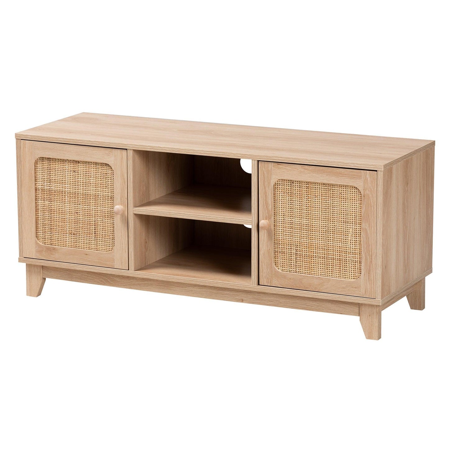 Elsbeth Mid-Century Modern Light Brown Finished Wood and Natural Rattan 2-Door TV Stand FredCo
