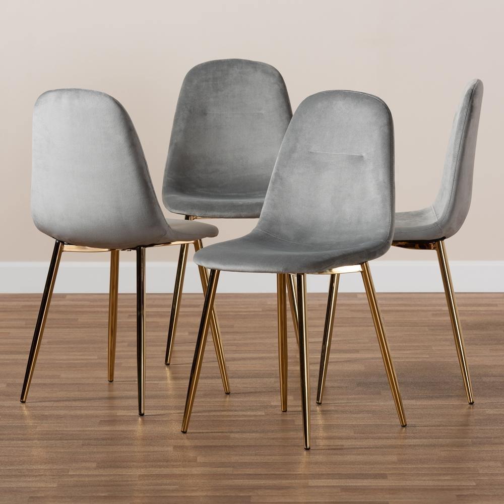 Elyse Glam and Luxe Grey Velvet Fabric Upholstered Gold Finished 4-Piece Metal Dining Chair Set FredCo