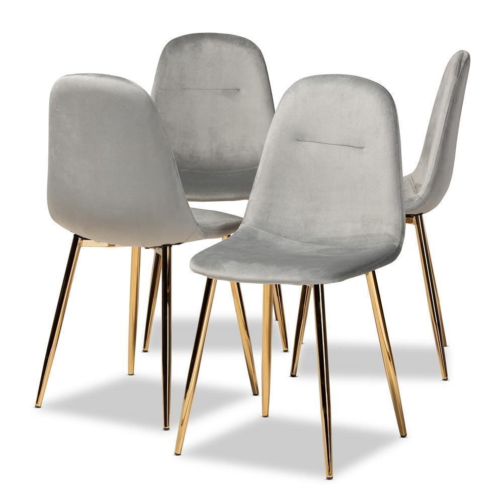 Elyse Glam and Luxe Grey Velvet Fabric Upholstered Gold Finished 4-Piece Metal Dining Chair Set FredCo
