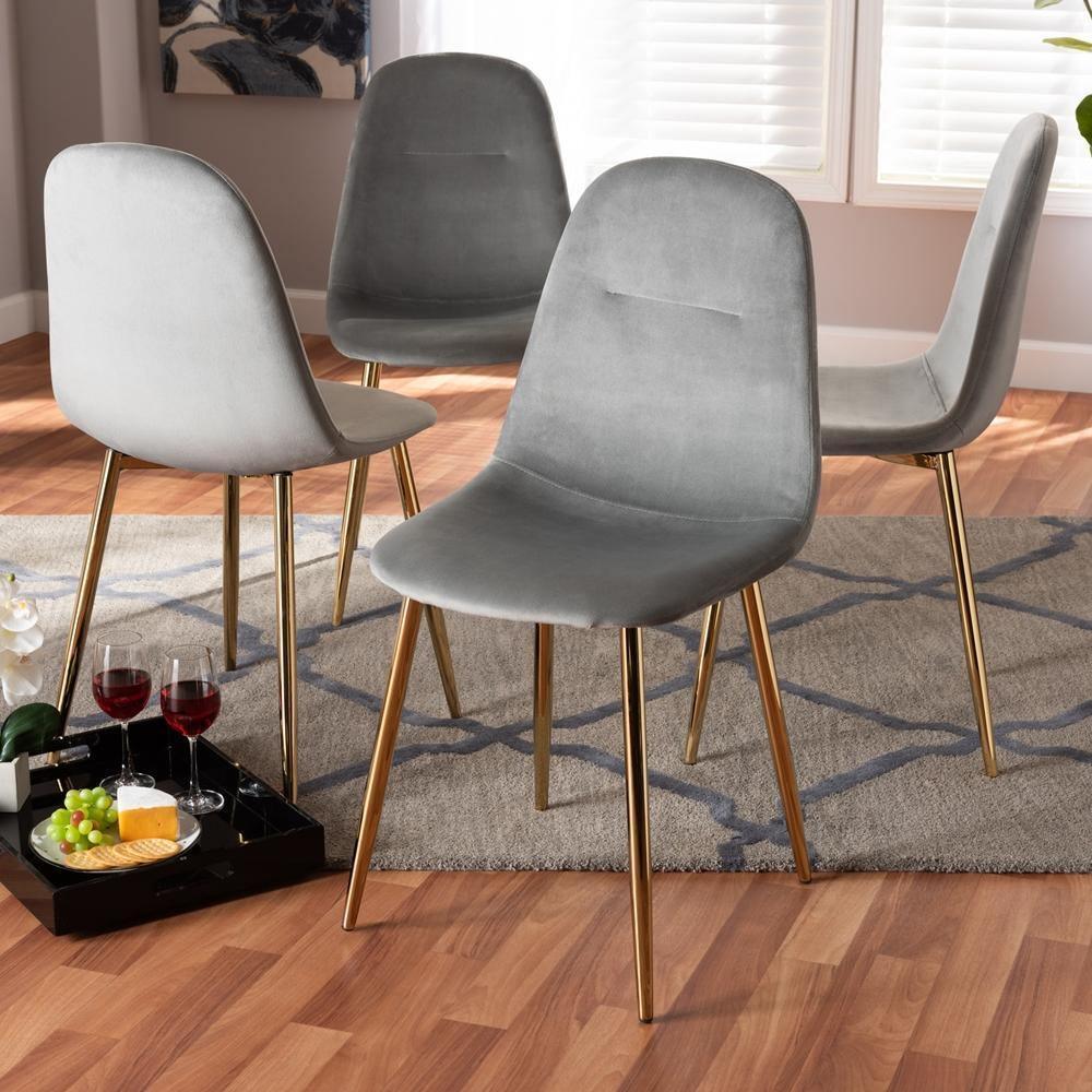 Elyse Glam and Luxe Grey Velvet Fabric Upholstered Gold Finished 4-Piece Metal Dining Chair Set FredCo