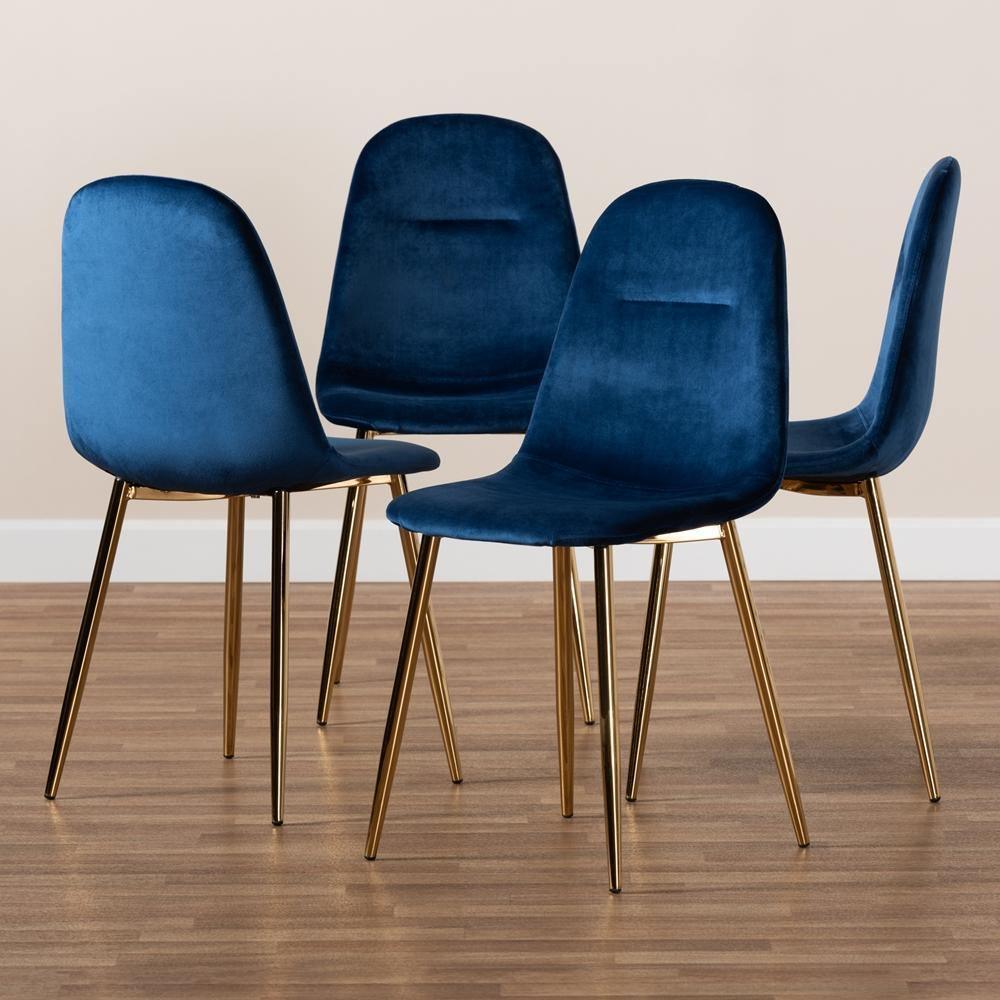 Elyse Glam and Luxe Navy Blue Velvet Fabric Upholstered Gold Finished 4-Piece Metal Dining Chair Set FredCo