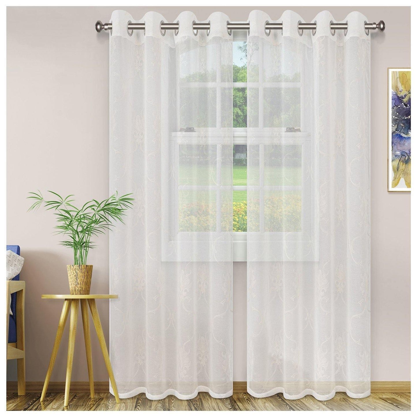 Embroidered Elegant Scroll Sheer Grommet Panel 2-Piece Curtain Set FredCo
