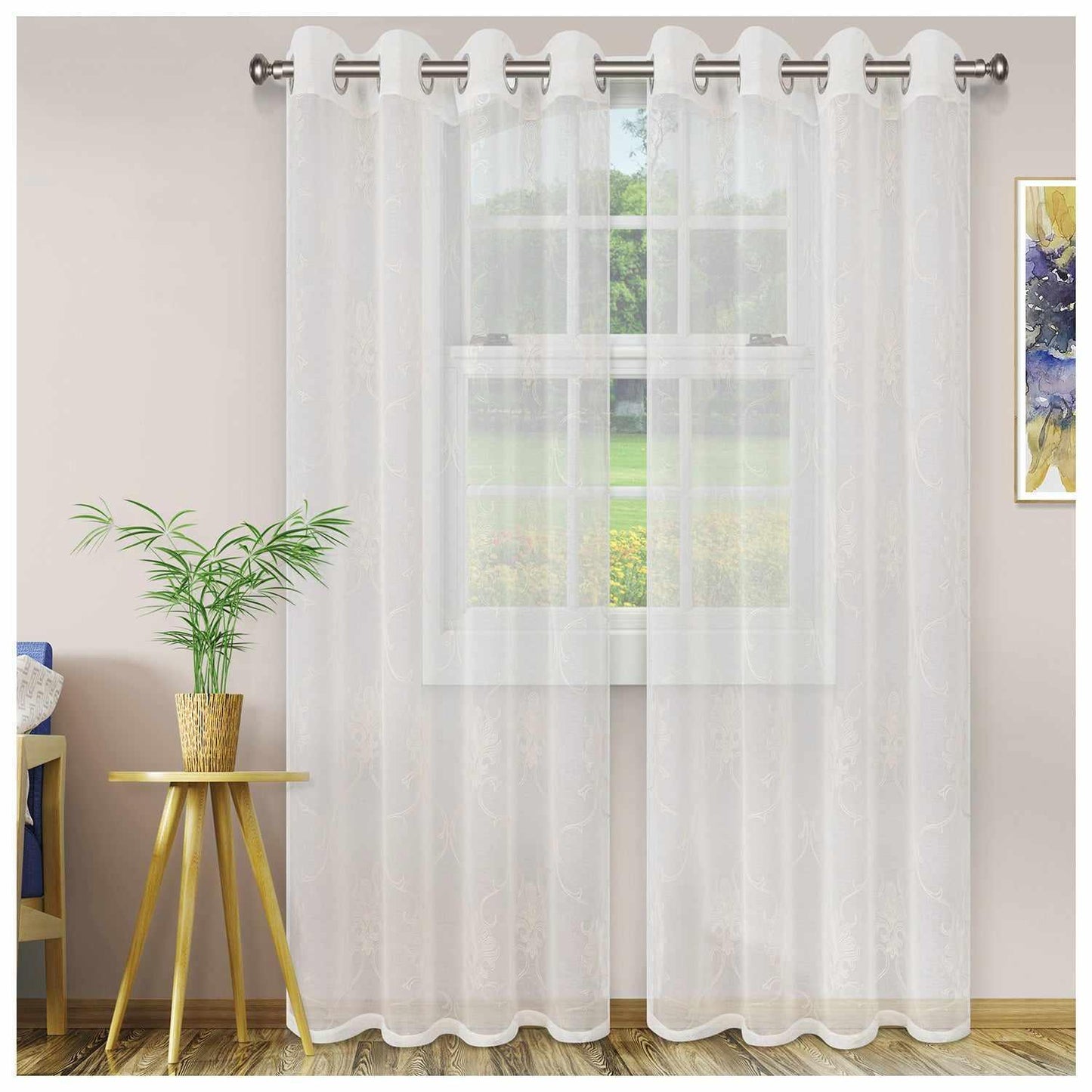 Embroidered Elegant Scroll Sheer Grommet Panel 2-Piece Curtain Set FredCo