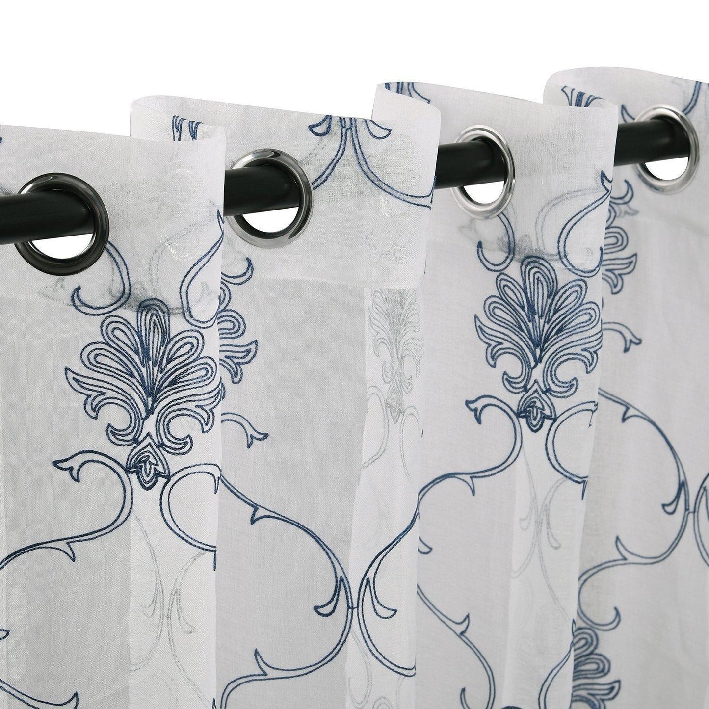 Embroidered Elegant Scroll Sheer Grommet Panel 2-Piece Curtain Set FredCo