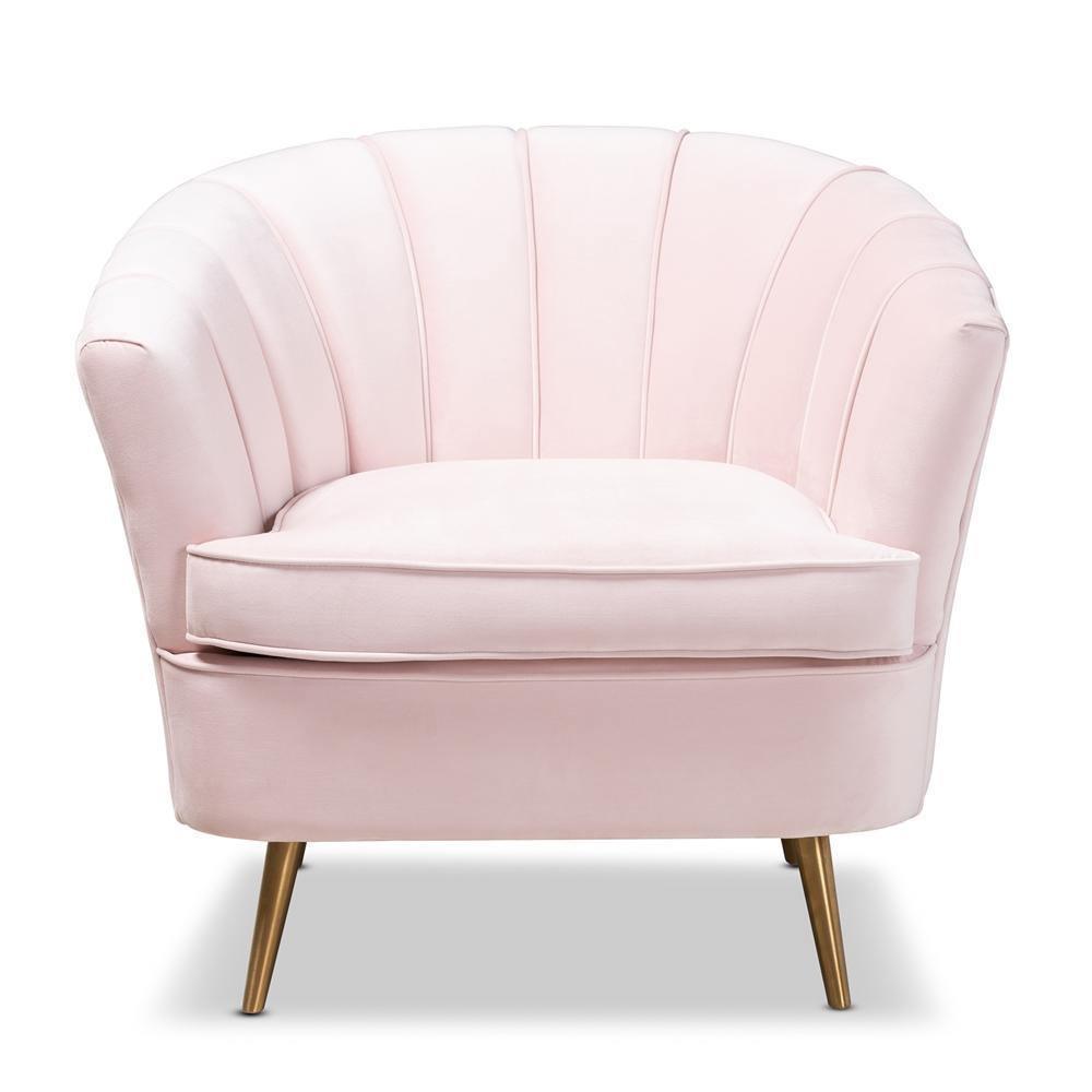 Emeline Glam and Luxe Light Pink Velvet Fabric Upholstered Brushed Gold Finished Accent Chair FredCo