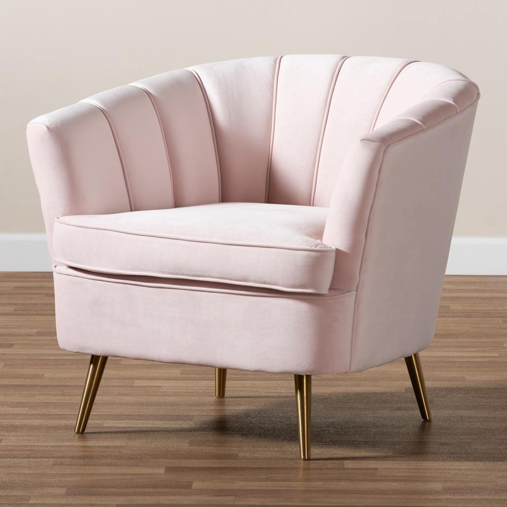 Emeline Glam and Luxe Light Pink Velvet Fabric Upholstered Brushed Gold Finished Accent Chair FredCo