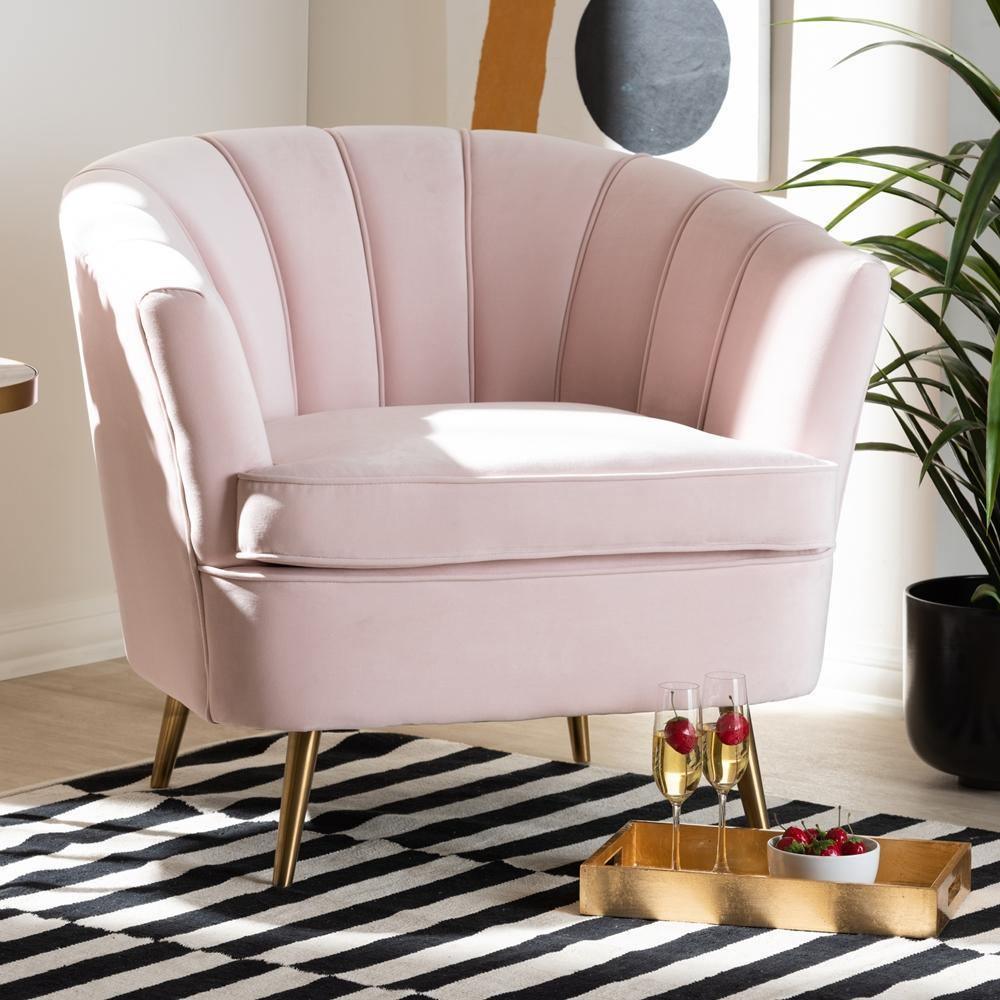 Emeline Glam and Luxe Light Pink Velvet Fabric Upholstered Brushed Gold Finished Accent Chair FredCo