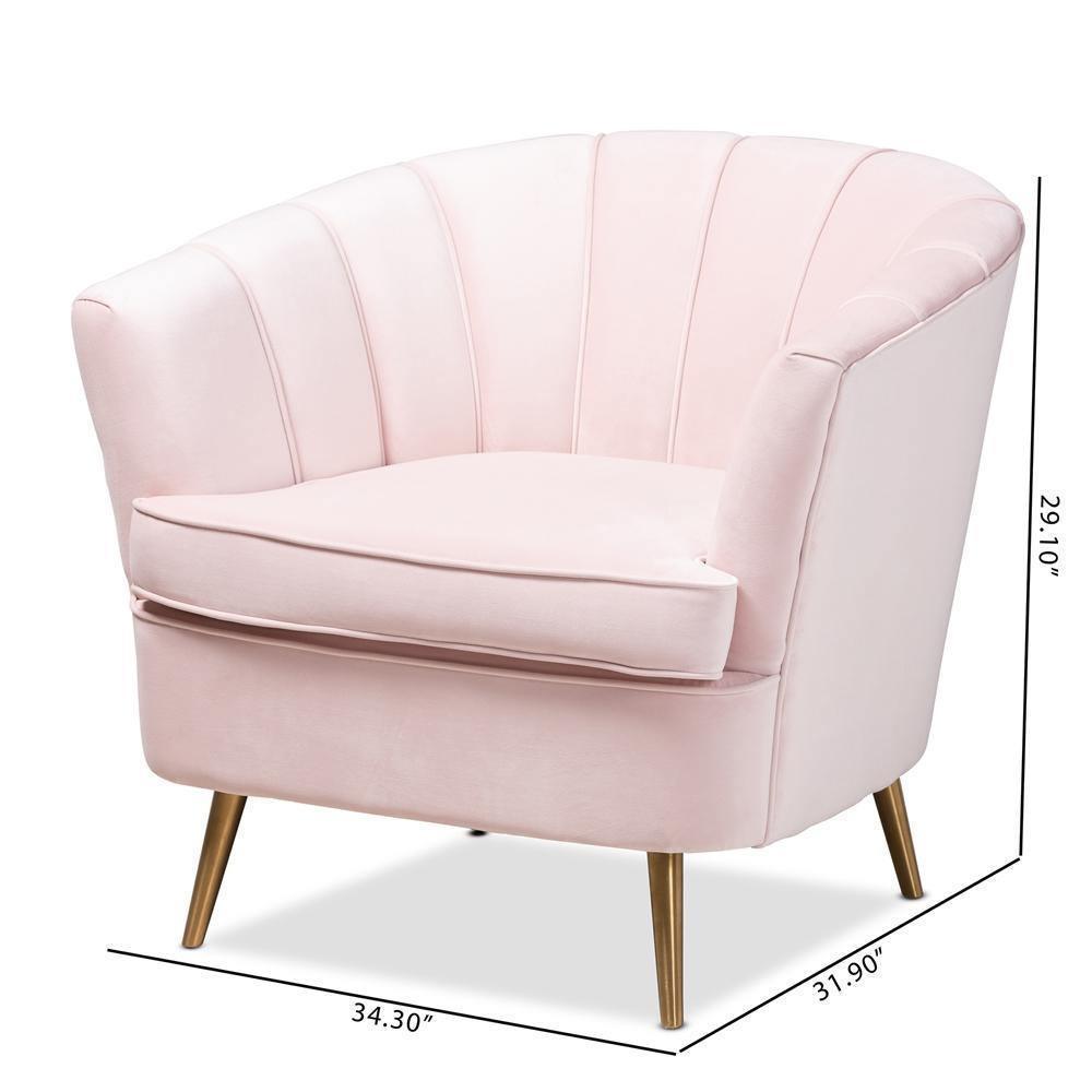 Emeline Glam and Luxe Light Pink Velvet Fabric Upholstered Brushed Gold Finished Accent Chair FredCo