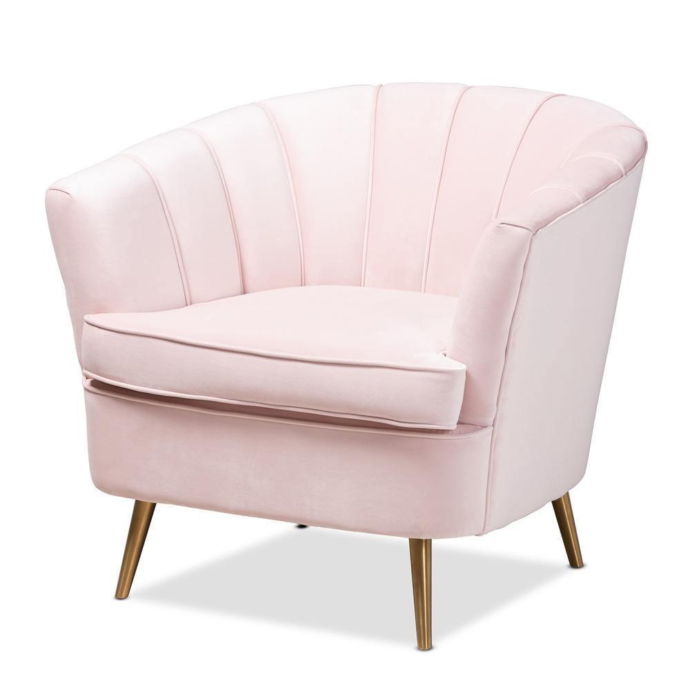 Emeline Glam and Luxe Light Pink Velvet Fabric Upholstered Brushed Gold Finished Accent Chair FredCo