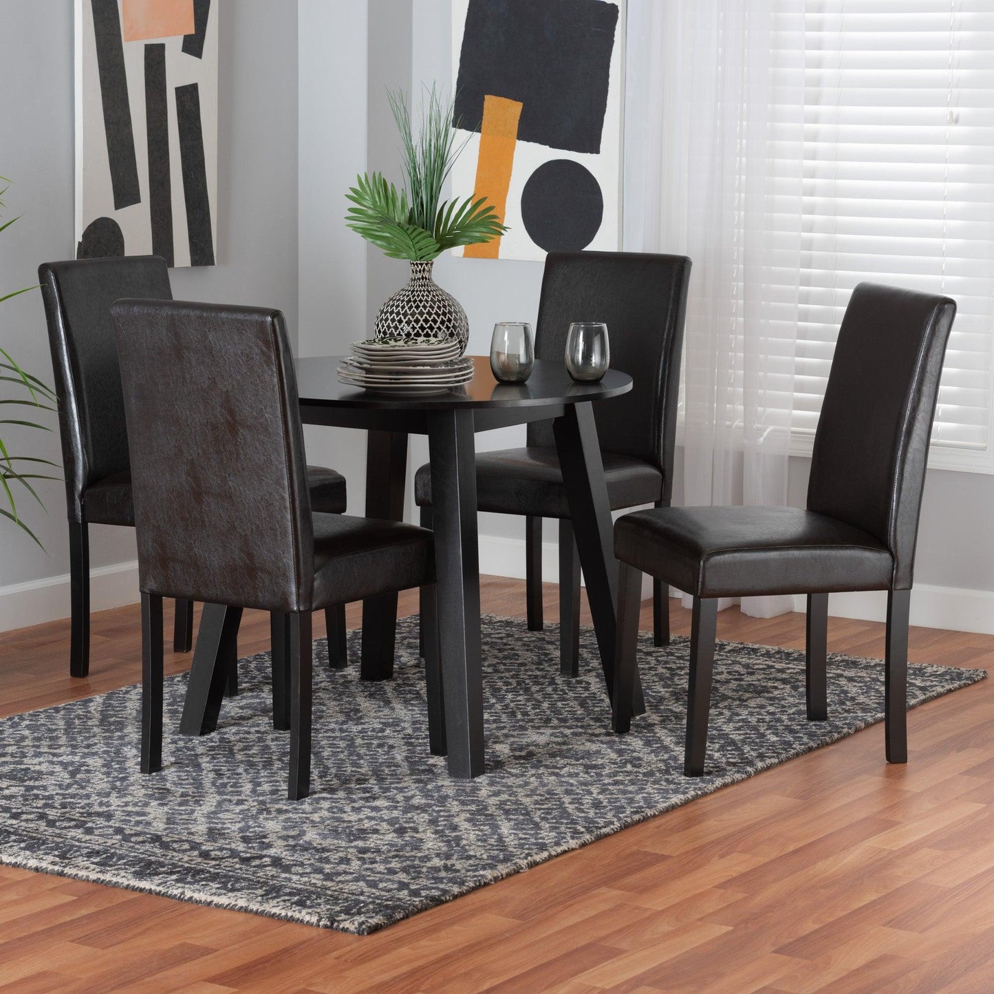 Emine Modern Dark Brown Faux Leather and Espresso Brown Finished Wood 5-Piece Dining Set FredCo