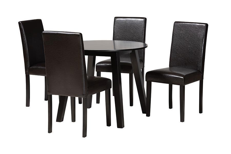 Emine Modern Dark Brown Faux Leather and Espresso Brown Finished Wood 5-Piece Dining Set FredCo