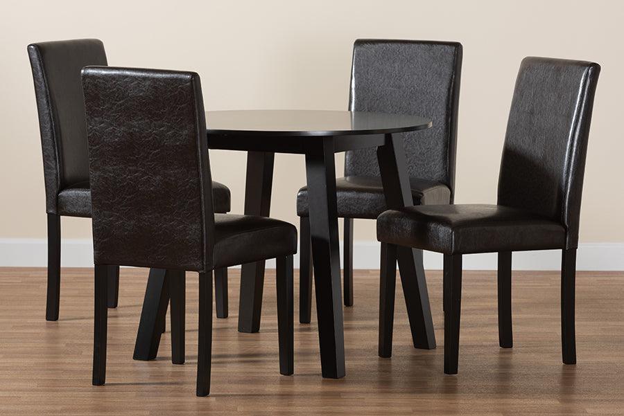 Emine Modern Dark Brown Faux Leather and Espresso Brown Finished Wood 5-Piece Dining Set FredCo