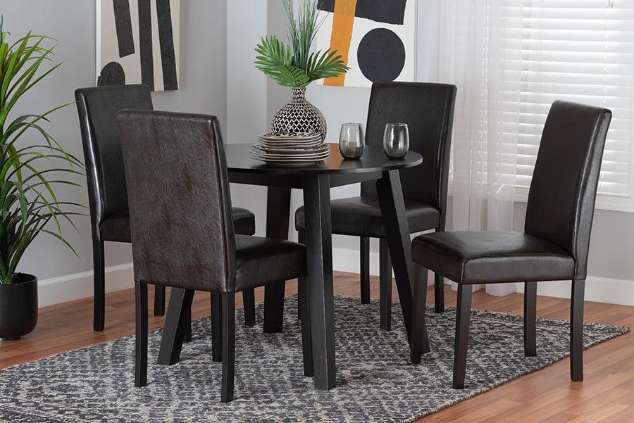 Emine Modern Dark Brown Faux Leather and Espresso Brown Finished Wood 5-Piece Dining Set FredCo