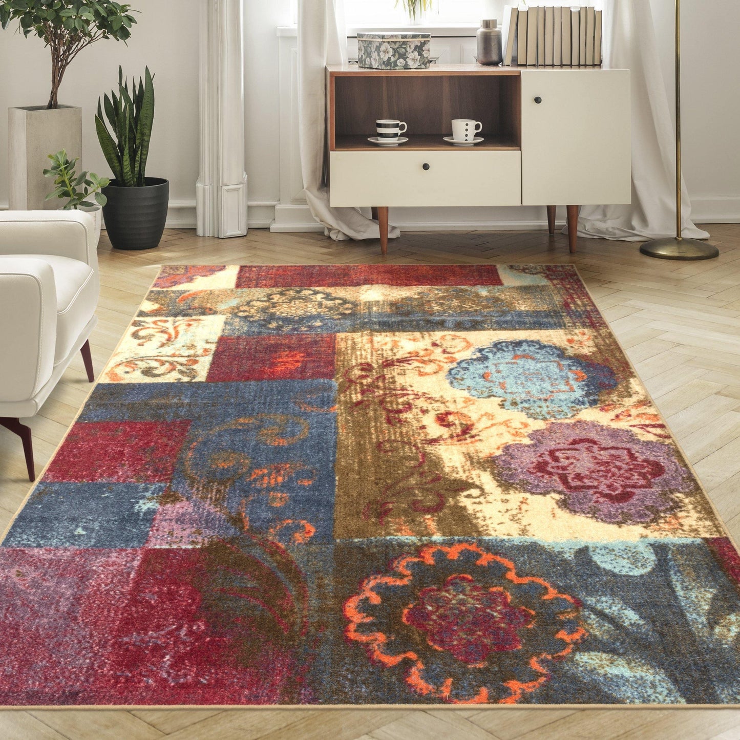 Emory Floral Medallion Distressed Patchwork Rug FredCo