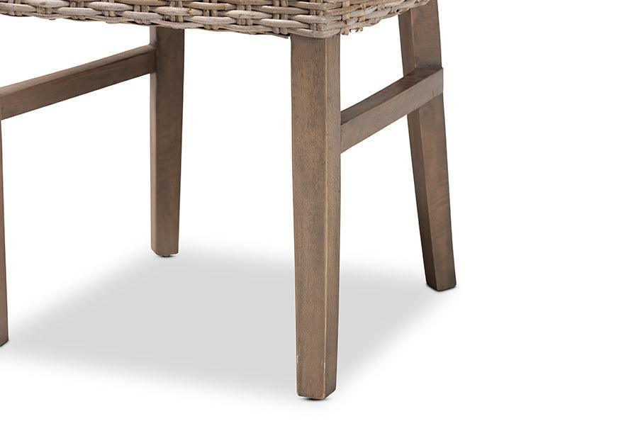 Enver Modern Bohemian Grey Rattan and Brown Wood 2-Piece Dining Chair Set FredCo