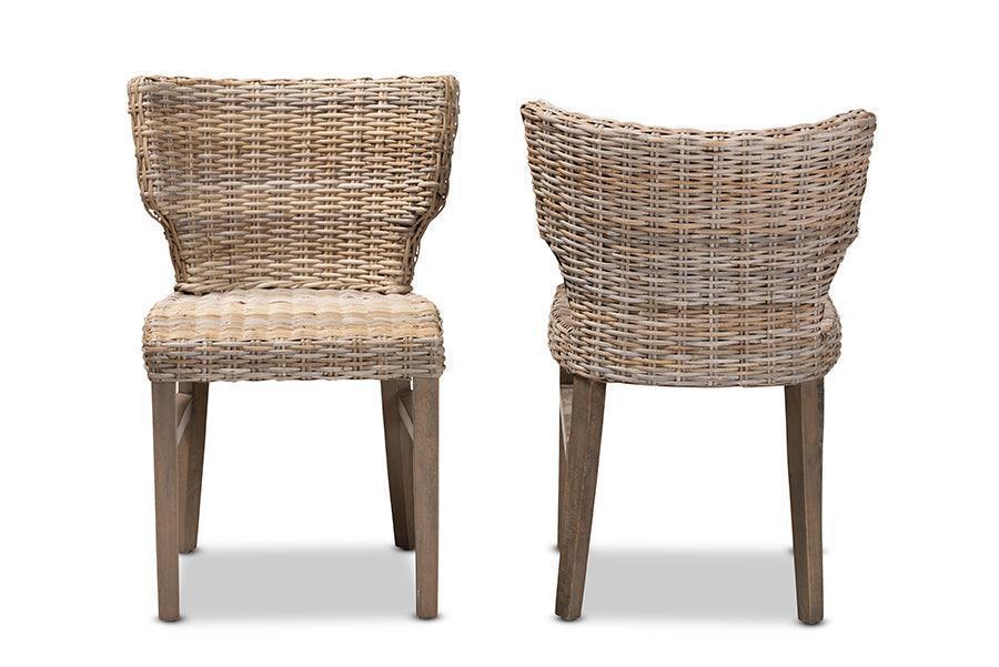 Enver Modern Bohemian Grey Rattan and Brown Wood 2-Piece Dining Chair Set FredCo