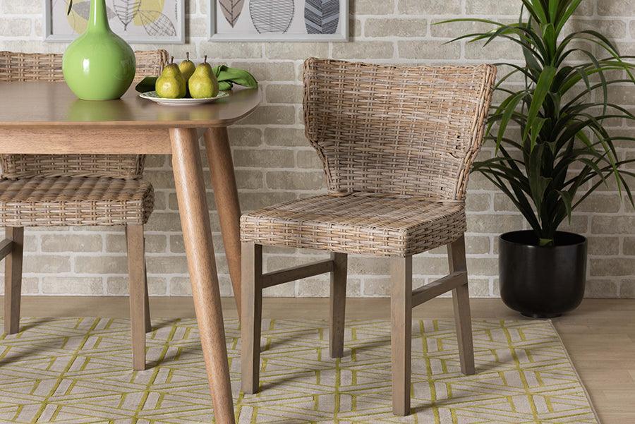 Enver Modern Bohemian Grey Rattan and Brown Wood 2-Piece Dining Chair Set FredCo